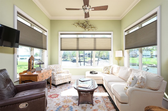 living room featuring ceiling fan and ornamental molding