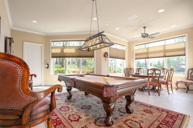 playroom featuring crown molding, plenty of natural light, and pool table