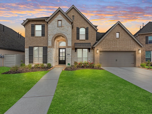 french country inspired facade with a yard