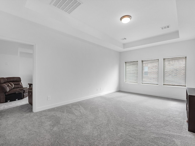 carpeted spare room with a raised ceiling