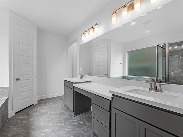 bathroom featuring dual vanity and plus walk in shower