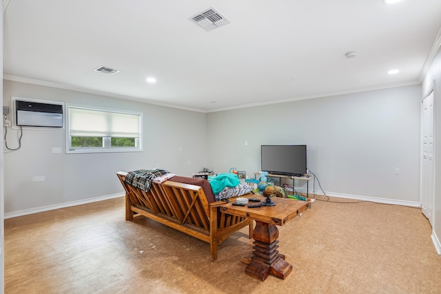 living room with ornamental molding and a wall unit AC