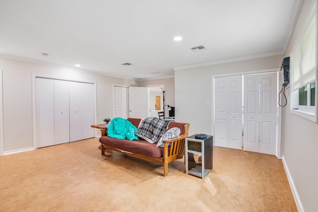 sitting room with light colored carpet and crown molding