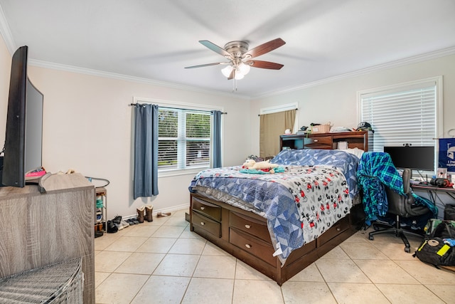 bedroom with light tile floors, ceiling fan, and ornamental molding