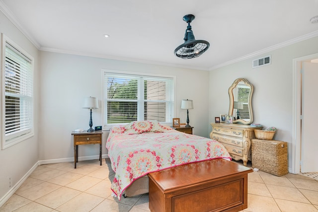 bedroom featuring crown molding and light tile flooring