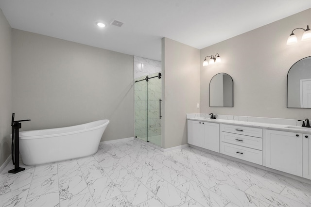 bathroom with oversized vanity, tile floors, and double sink