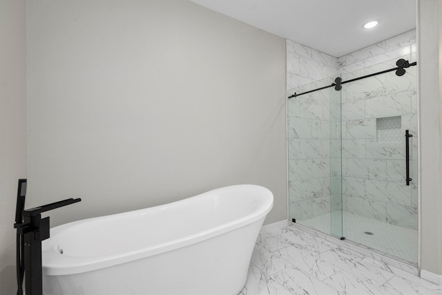 bathroom featuring plus walk in shower and tile floors