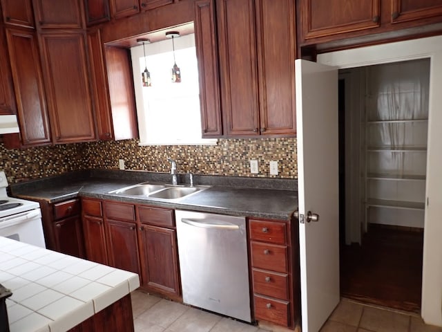 kitchen with sink, stainless steel dishwasher, white electric range, tasteful backsplash, and decorative light fixtures