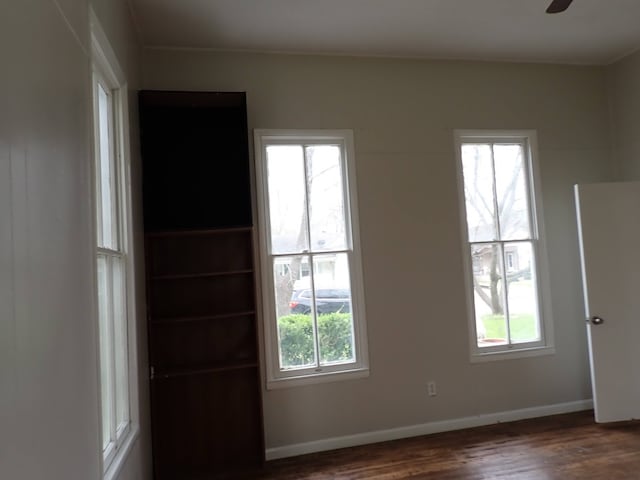 spare room featuring plenty of natural light, dark hardwood / wood-style floors, and ceiling fan