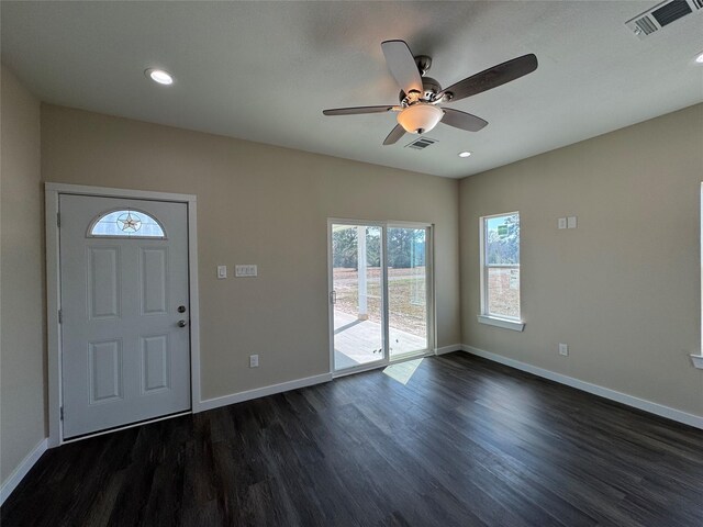 entryway featuring ceiling fan and dark hardwood / wood-style flooring