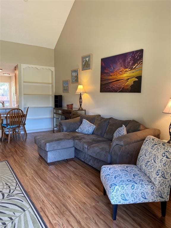 living room featuring hardwood / wood-style floors and high vaulted ceiling