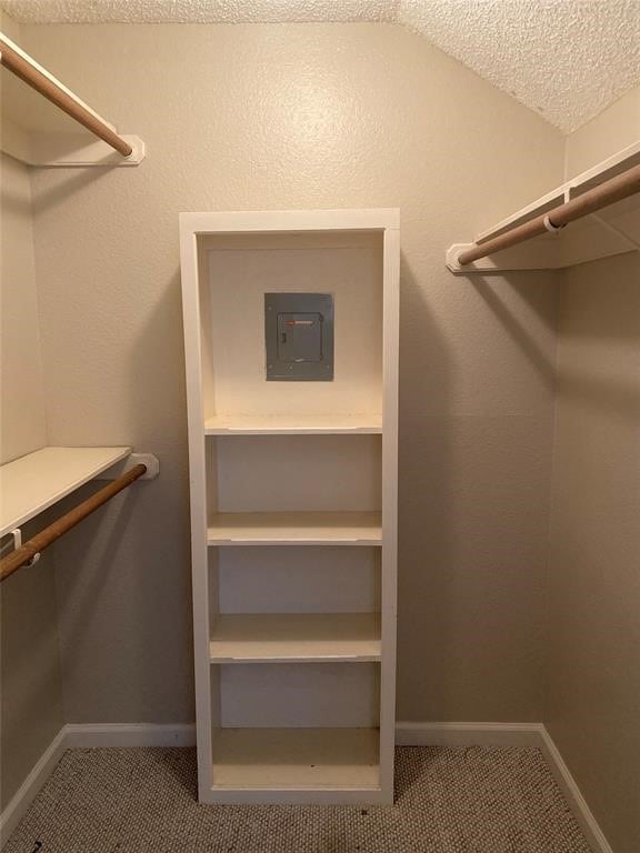 walk in closet featuring carpet floors and lofted ceiling