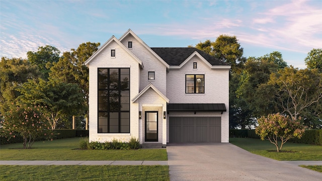 modern inspired farmhouse featuring brick siding, a garage, driveway, and a front lawn