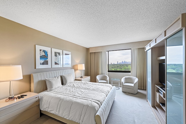 carpeted bedroom with a textured ceiling