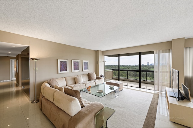 tiled living room with a textured ceiling