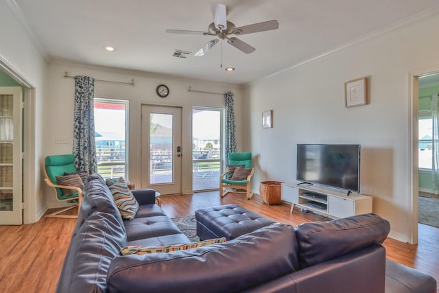 living room with crown molding, a wealth of natural light, light hardwood / wood-style floors, and ceiling fan