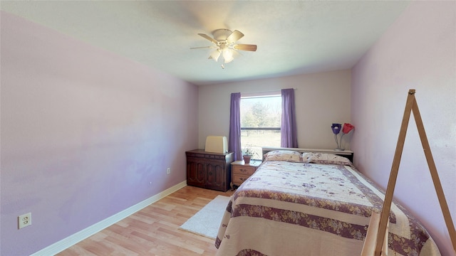 bedroom with ceiling fan and light wood-type flooring