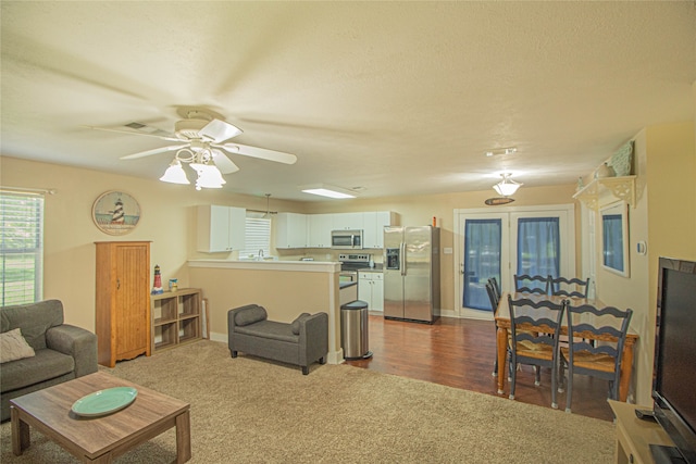 living room with wood-type flooring, sink, and ceiling fan