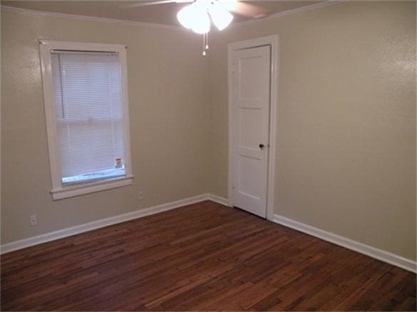 empty room featuring ceiling fan and dark hardwood / wood-style floors