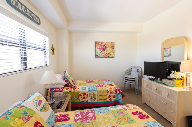 bedroom featuring dark carpet