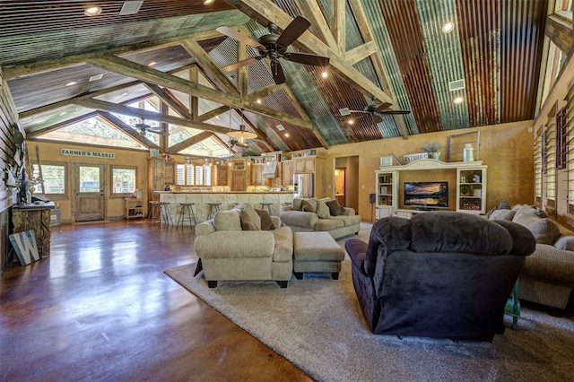 living room featuring high vaulted ceiling, ceiling fan, and beamed ceiling