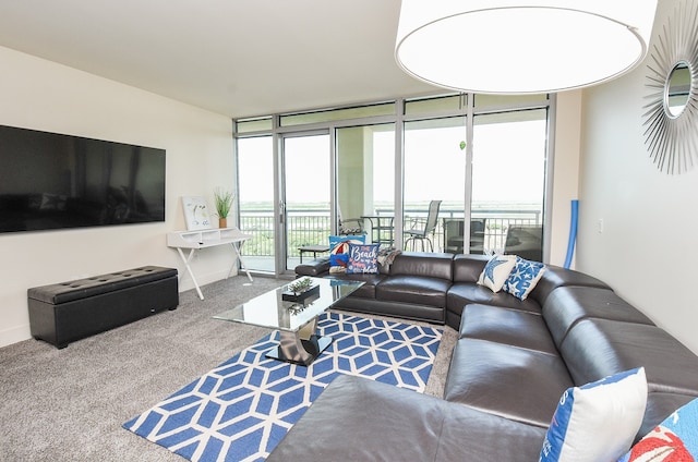 living room featuring carpet flooring and a wall of windows