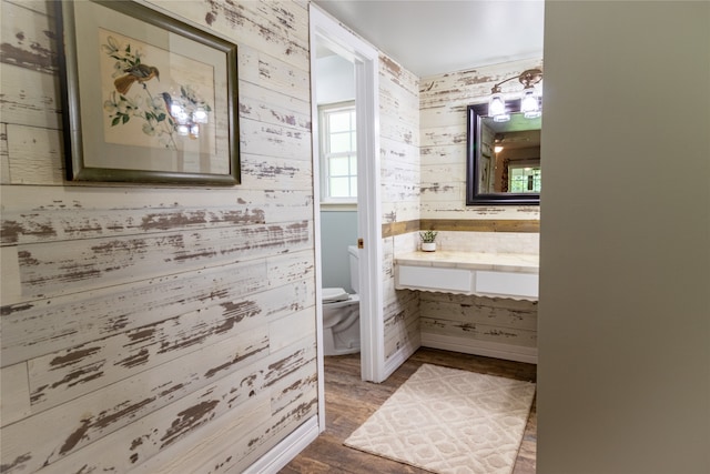 bathroom featuring wood-type flooring, vanity, and toilet