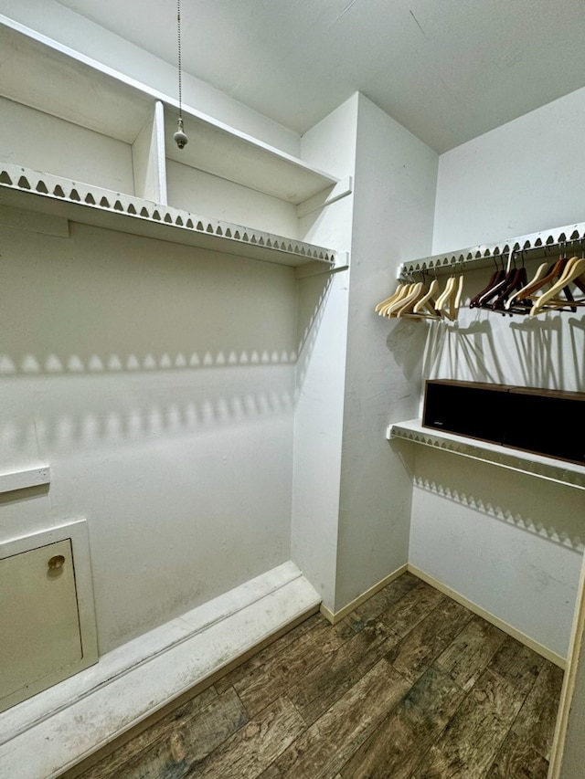 walk in closet with dark hardwood / wood-style floors