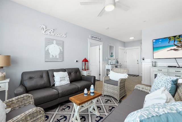 living room with ceiling fan and light tile floors