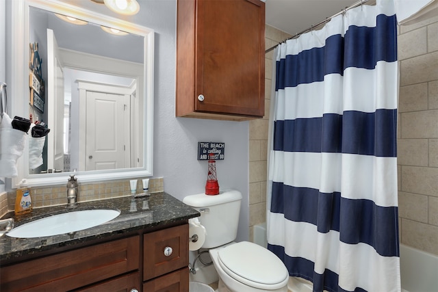 full bathroom with shower / bathtub combination with curtain, toilet, and vanity