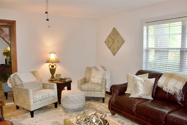 living room featuring light tile floors