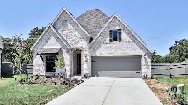 view of front of house featuring a front lawn and a garage