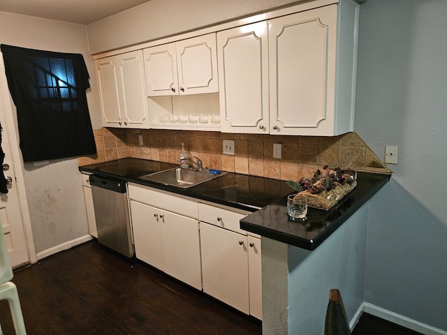 kitchen with dark hardwood / wood-style floors, sink, white cabinets, dishwasher, and backsplash