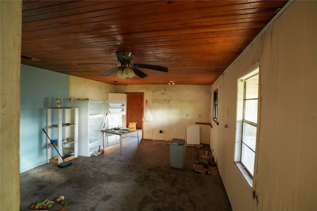 miscellaneous room featuring ceiling fan and wood ceiling