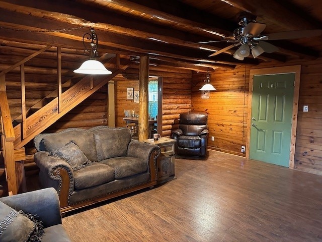 living room featuring rustic walls, wooden ceiling, beamed ceiling, wood-type flooring, and wooden walls