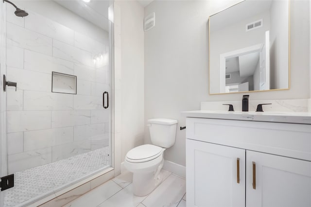 bathroom with an enclosed shower, toilet, tile floors, and large vanity