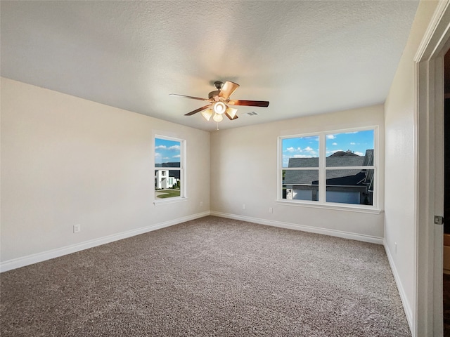 carpeted spare room featuring a textured ceiling, a wealth of natural light, and ceiling fan