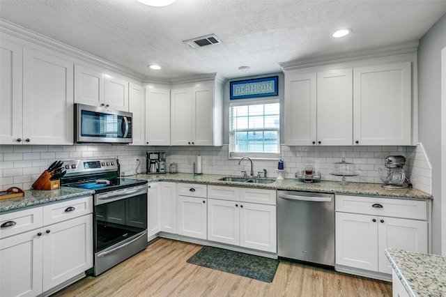 kitchen with sink, light wood-type flooring, stainless steel appliances, white cabinets, and tasteful backsplash