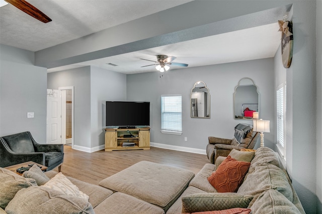 living room with ceiling fan and light hardwood / wood-style floors