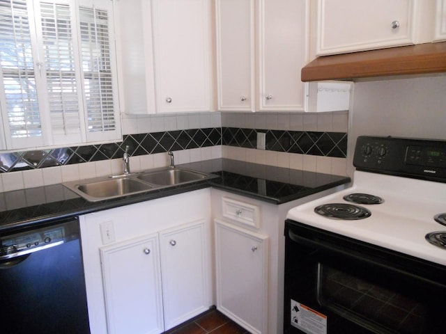 kitchen with dishwasher, electric stove, under cabinet range hood, white cabinetry, and a sink