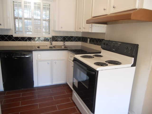 kitchen featuring black dishwasher, sink, white cabinets, and white range with electric stovetop