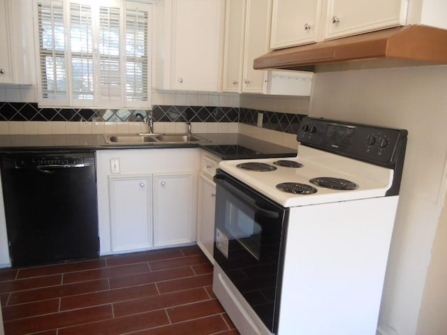 kitchen featuring tasteful backsplash, electric stove, dishwasher, under cabinet range hood, and a sink