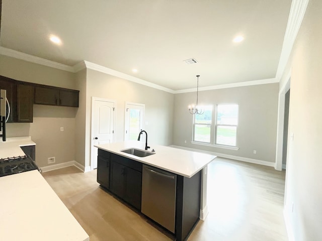 kitchen with sink, light wood-type flooring, ornamental molding, and stainless steel dishwasher