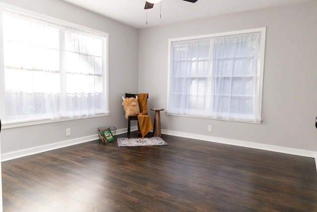 living area featuring plenty of natural light, ceiling fan, and dark wood-type flooring