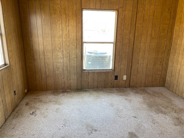 empty room with wood walls and carpet flooring