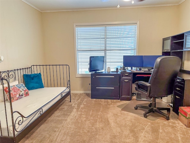 carpeted home office with ornamental molding