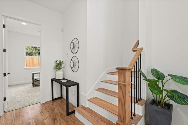 staircase with light colored carpet