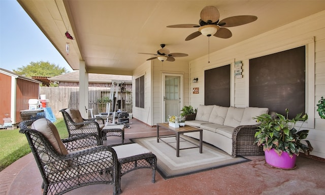 view of patio featuring an outdoor living space and ceiling fan