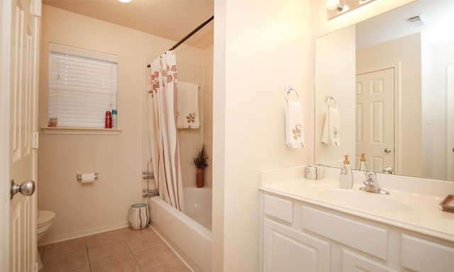 full bathroom with vanity, tile patterned flooring, shower / bathtub combination with curtain, and toilet