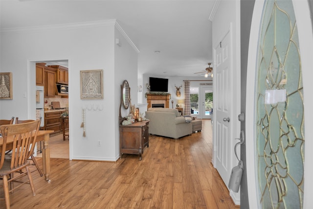 interior space with light wood-type flooring and crown molding